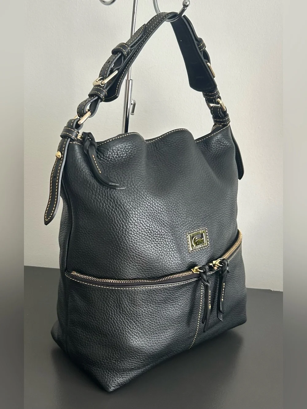 Dooney & Bourke Black Pebbled Leather Hobo Shoulder Bag Front Zip Pocket